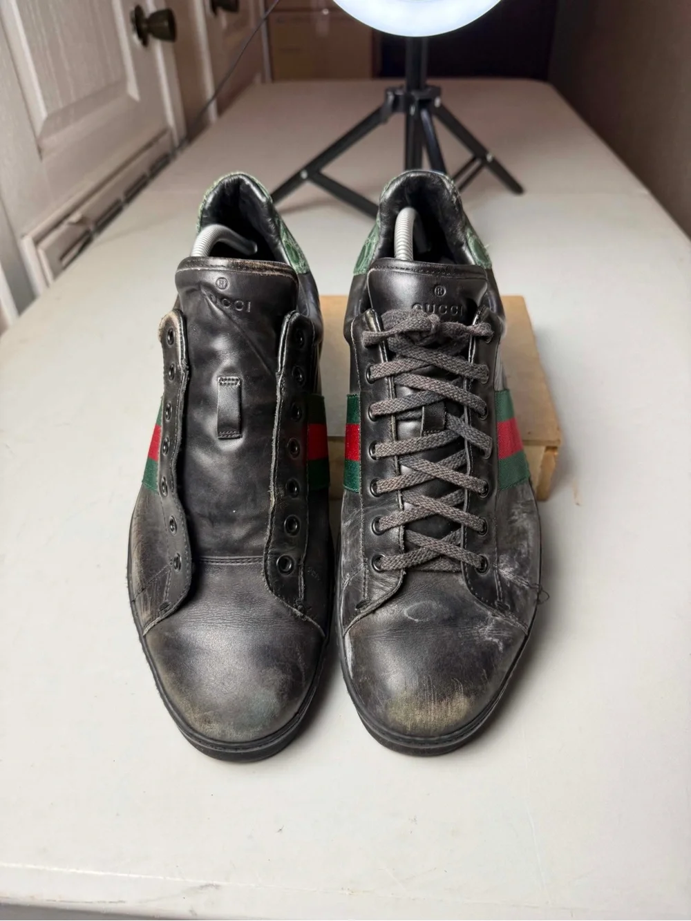 Men's GUCCI 'Web' Black Leather Sneakers ACE crocodile Sz 11 G / US 12